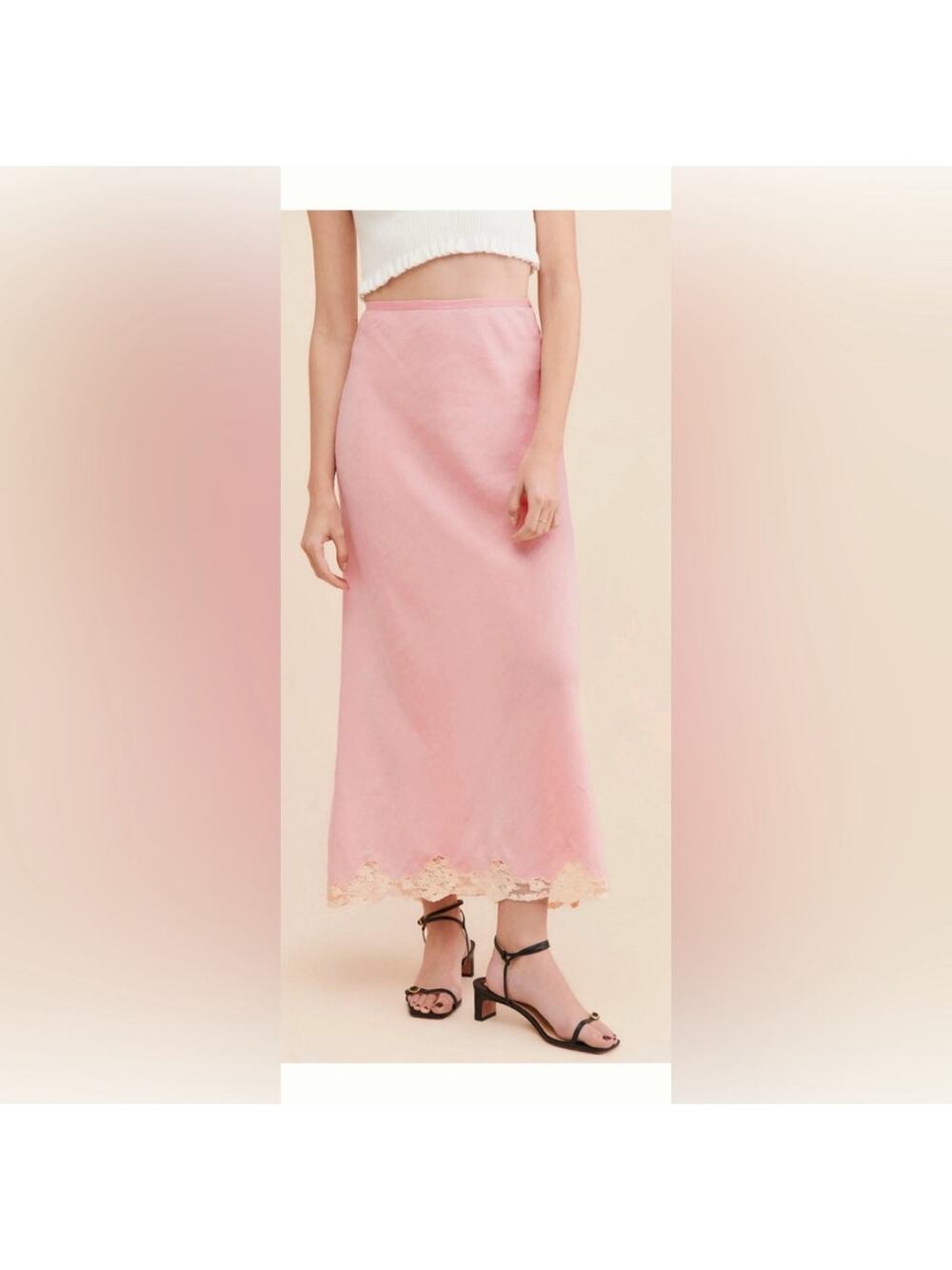 RIXO Linen Crystal Maxi Skirt Pink Lace Trim